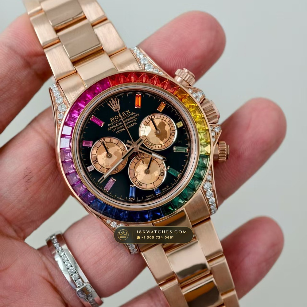 Rolex Cosmograph Daytona Rainbow Sapphire Bezel 18K Everose Gold Custom SW Dial Ref. 116595RBOW — Studio Gallery Plate III in 18K Rose Gold Au750 (216.5g Verified Mass, Rolex Manufacture Cal. 4130 - 72h Power Reserve)