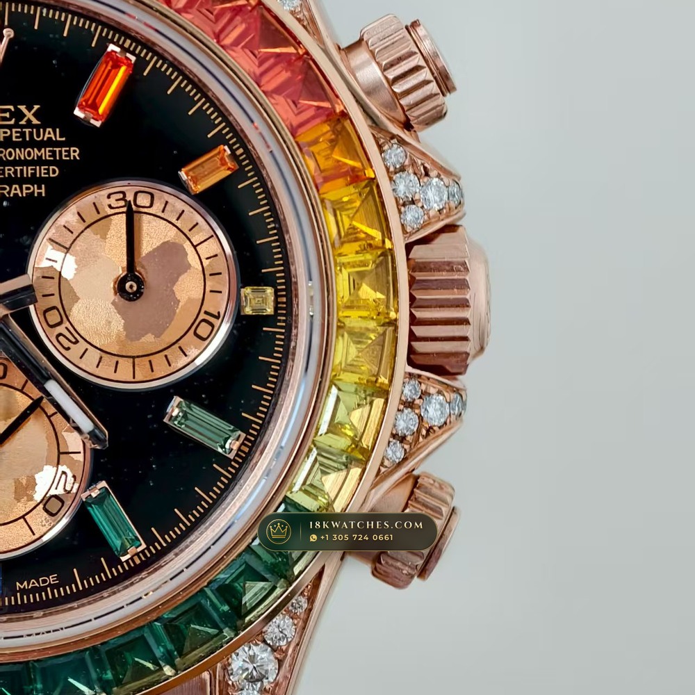 Rolex Cosmograph Daytona Rainbow Sapphire Bezel 18K Everose Gold Custom SW Dial Ref. 116595RBOW — Studio Gallery Plate V in 18K Rose Gold Au750 (216.5g Verified Mass, Rolex Manufacture Cal. 4130 - 72h Power Reserve)