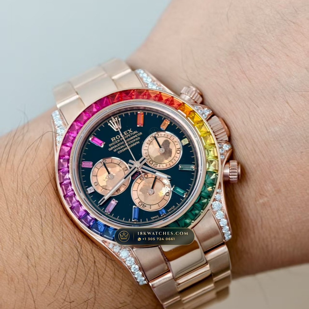 Rolex Cosmograph Daytona Rainbow Sapphire Bezel 18K Everose Gold Custom SW Dial Ref. 116595RBOW — Studio Gallery Plate VII in 18K Rose Gold Au750 (216.5g Verified Mass, Rolex Manufacture Cal. 4130 - 72h Power Reserve)