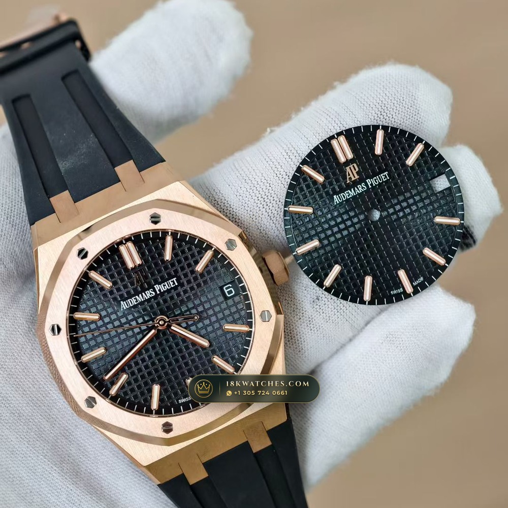 Audemars Piguet Royal Oak Selfwinding 41mm 18K Rose Gold Custom Tapestry Dial Deep Crystal Optics Ref. 15500OR.OO.D002CR.01 — Studio Gallery Plate II in 18K Rose Gold Au750 (138.1g Verified Mass, Audemars Piguet Cal. 4302 - 70h Power Reserve)