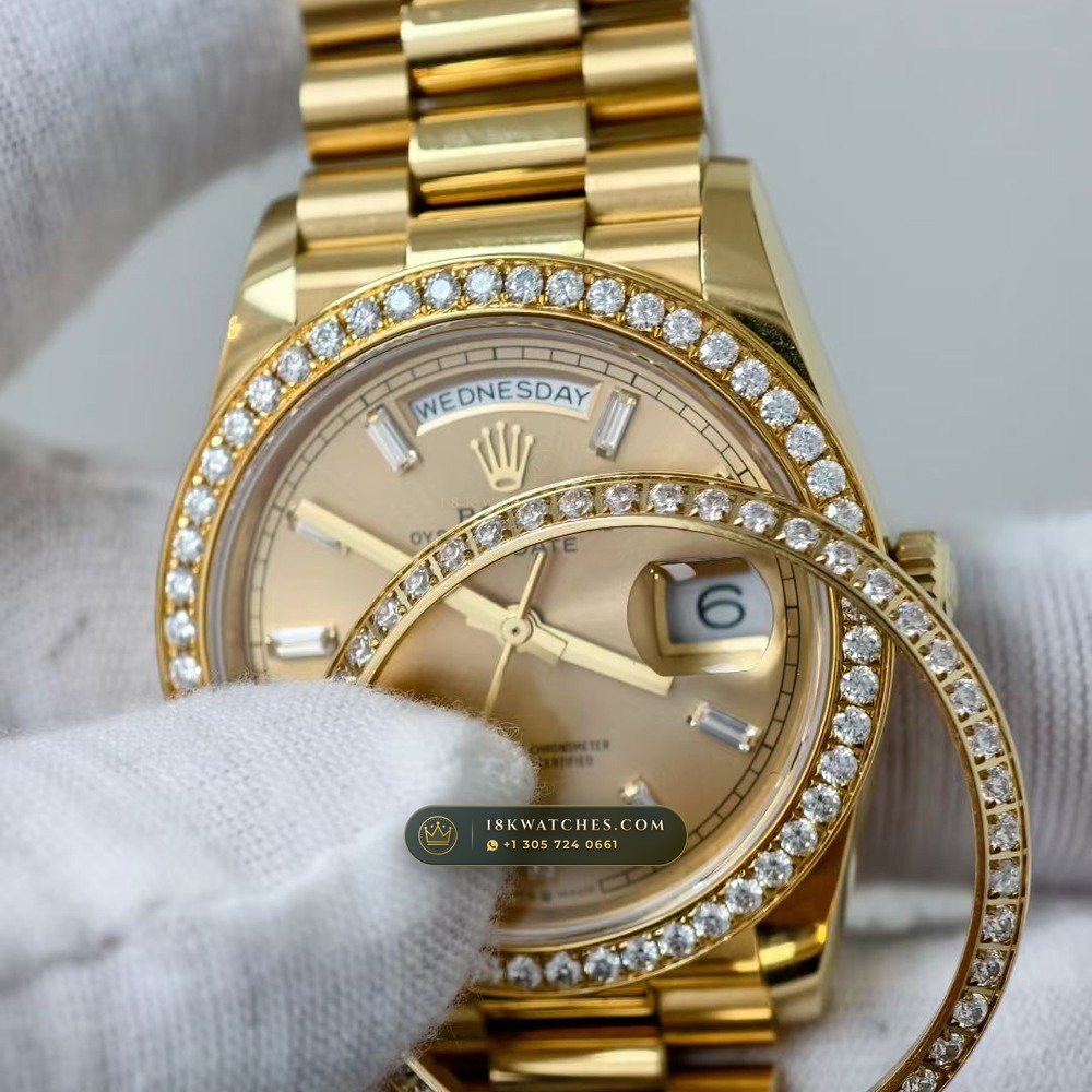 Rolex Day-Date 36 Diamond-Set Bezel 18K Yellow Gold Ref. 128238 — Studio Gallery Plate II in 18K Yellow Gold Au750 (183.7g Verified Mass, Rolex Manufacture Cal. 3255 - 70h Power Reserve)