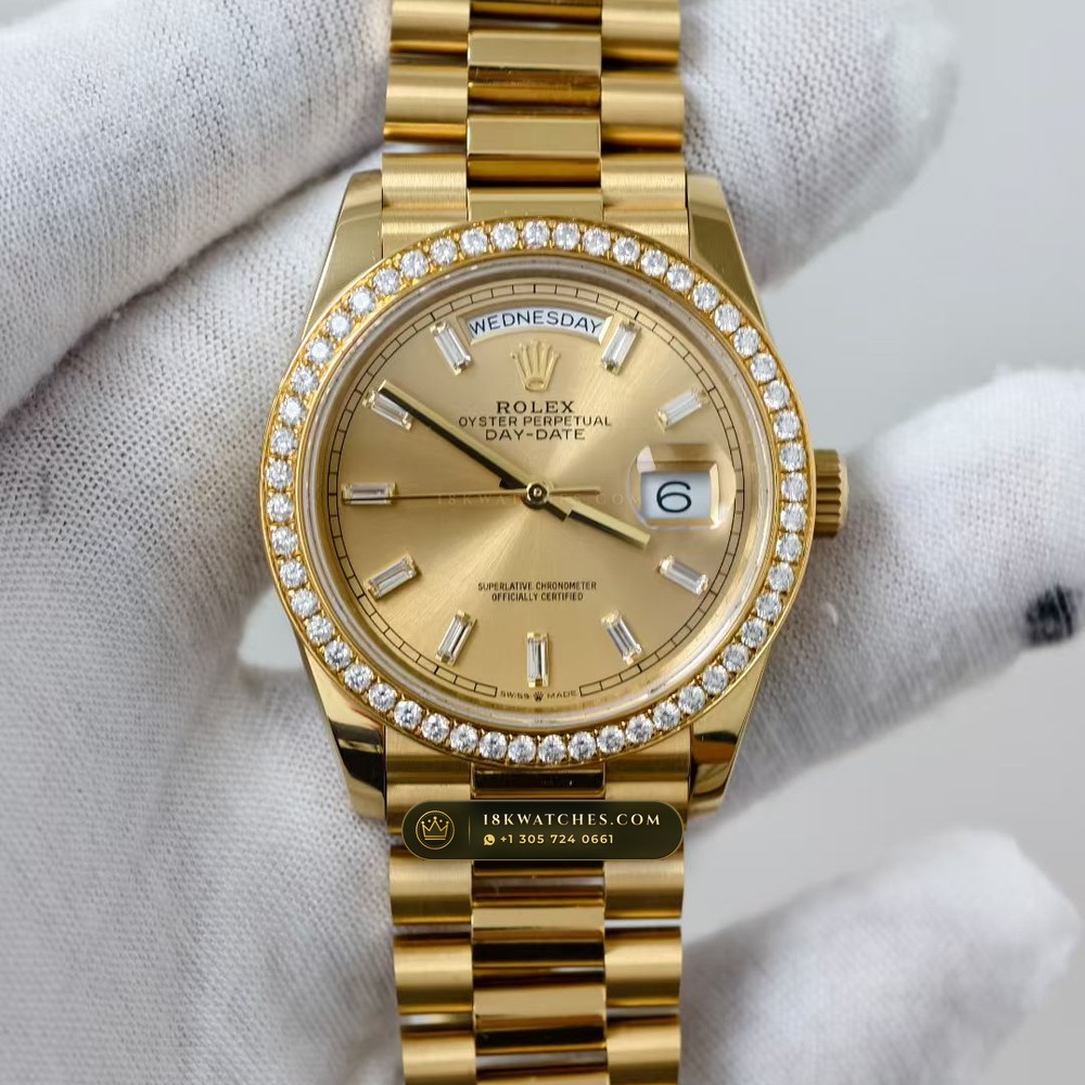 Rolex Day-Date 36 Diamond-Set Bezel 18K Yellow Gold Ref. 128238 — Studio Gallery Plate III in 18K Yellow Gold Au750 (183.7g Verified Mass, Rolex Manufacture Cal. 3255 - 70h Power Reserve)