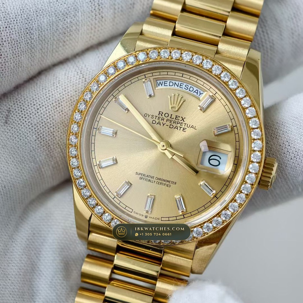 Rolex Day-Date 36 Diamond-Set Bezel 18K Yellow Gold Ref. 128238 — Studio Gallery Plate IV in 18K Yellow Gold Au750 (183.7g Verified Mass, Rolex Manufacture Cal. 3255 - 70h Power Reserve)