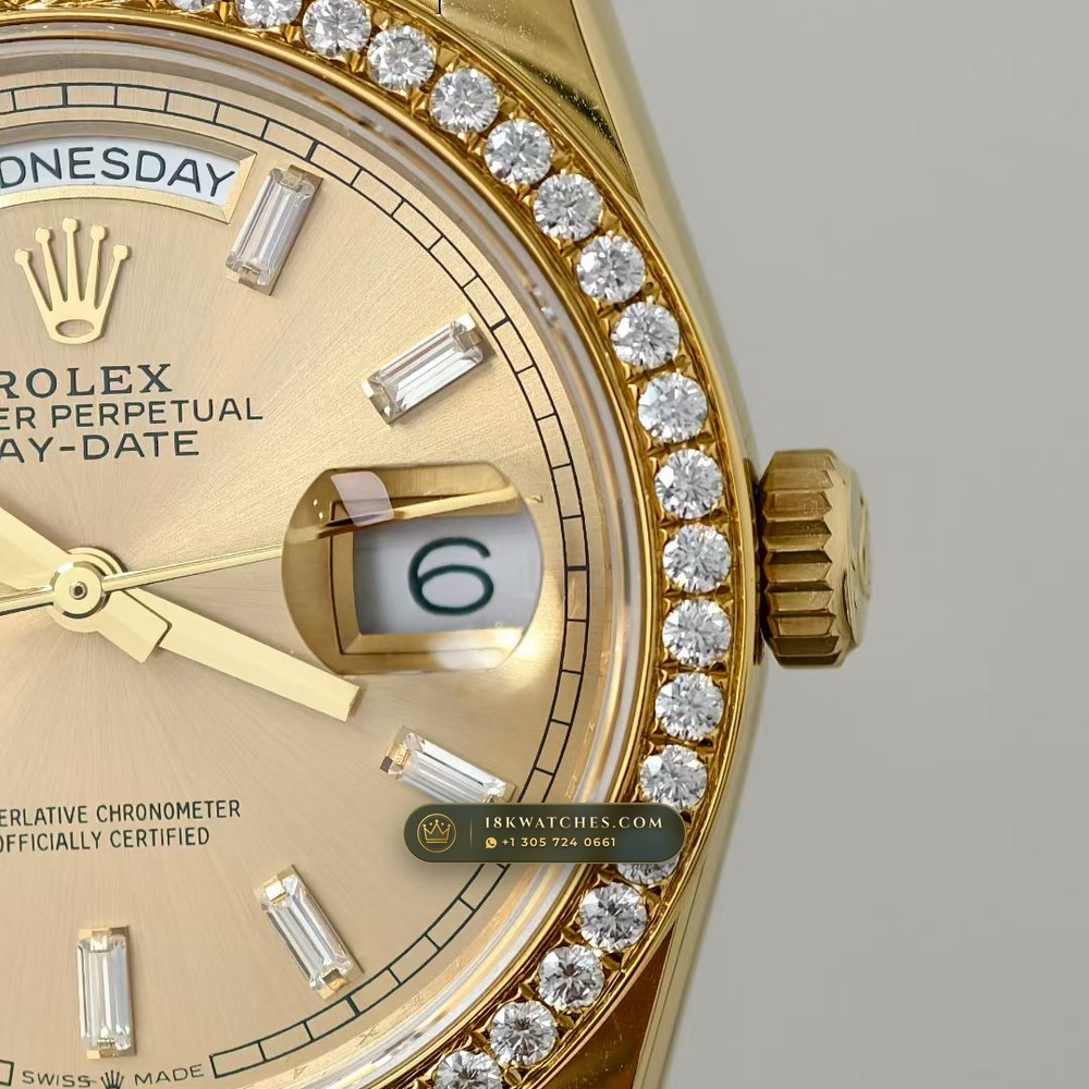 Rolex Day-Date 36 Diamond-Set Bezel 18K Yellow Gold Ref. 128238 — Studio Gallery Plate V in 18K Yellow Gold Au750 (183.7g Verified Mass, Rolex Manufacture Cal. 3255 - 70h Power Reserve)