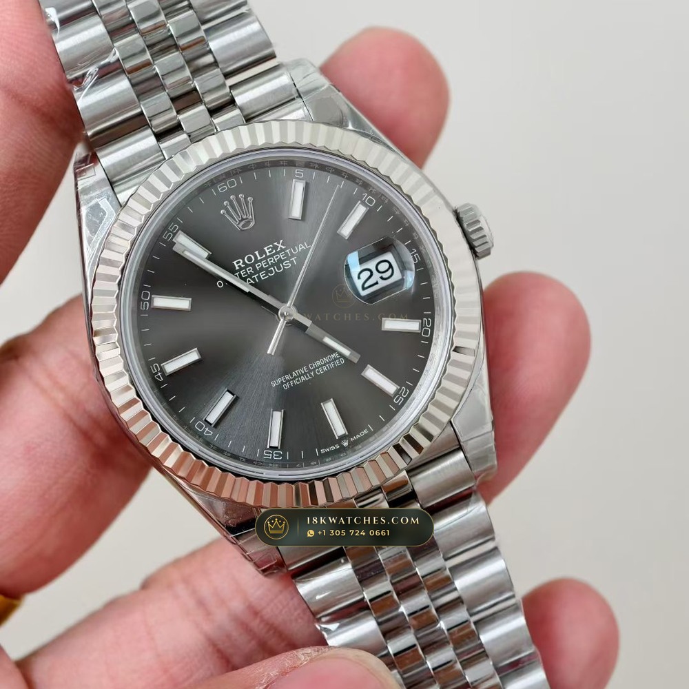 Rolex Datejust 41 Fluted 18K White Gold Bezel & Sunray Dial Ref. 126334 — Studio Gallery Plate II in 904L Stainless Steel Custom Architecture (150.2g Verified Mass, Rolex Manufacture Cal. 3235 - 70h Power Reserve)
