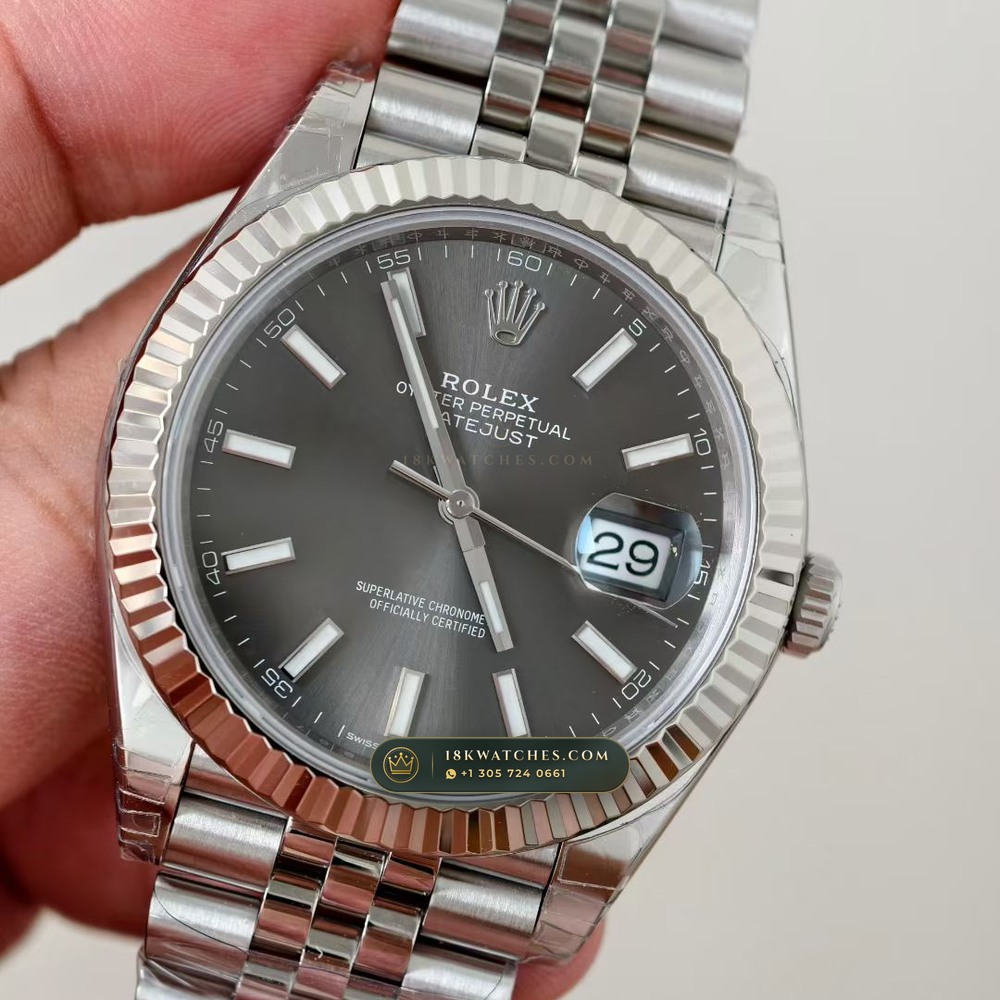 Rolex Datejust 41 Fluted 18K White Gold Bezel & Sunray Dial Ref. 126334 — Studio Gallery Plate III in 904L Stainless Steel Custom Architecture (150.2g Verified Mass, Rolex Manufacture Cal. 3235 - 70h Power Reserve)