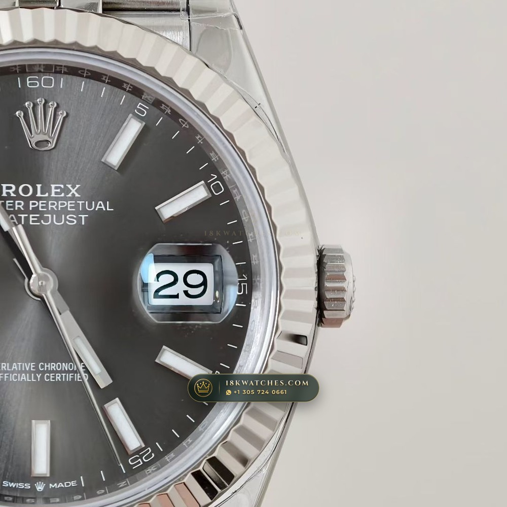 Rolex Datejust 41 Fluted 18K White Gold Bezel & Sunray Dial Ref. 126334 — Studio Gallery Plate IV in 904L Stainless Steel Custom Architecture (150.2g Verified Mass, Rolex Manufacture Cal. 3235 - 70h Power Reserve)