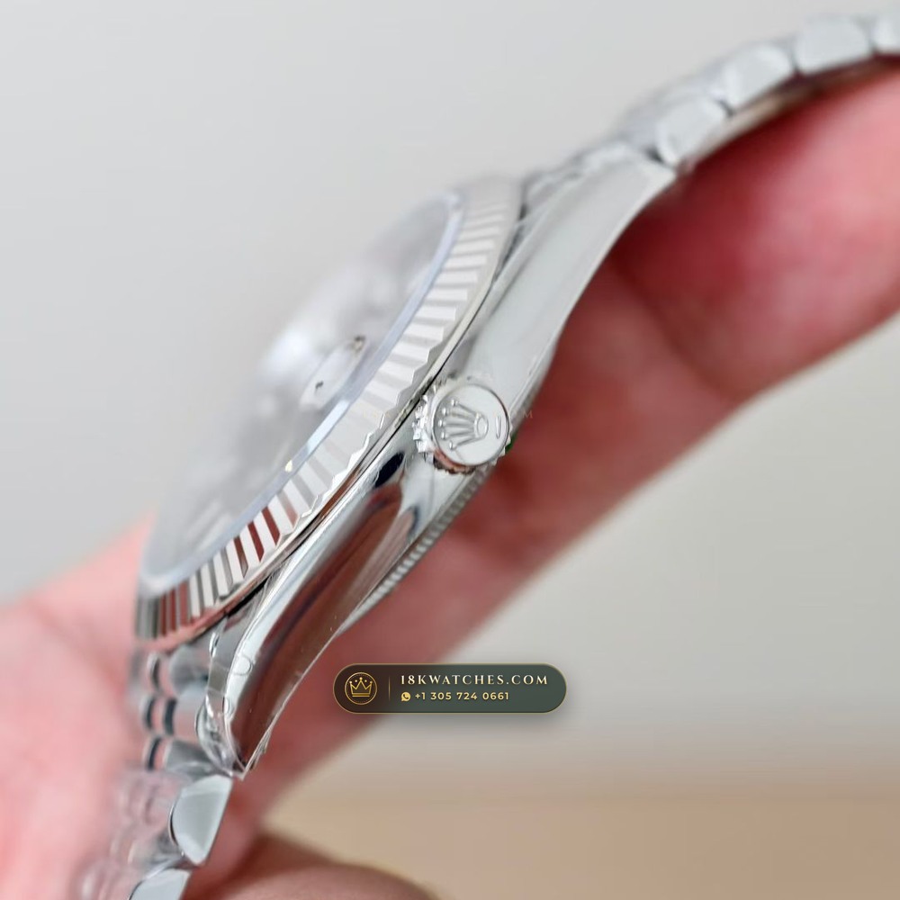 Rolex Datejust 41 Fluted 18K White Gold Bezel & Sunray Dial Ref. 126334 — Studio Gallery Plate VI in 904L Stainless Steel Custom Architecture (150.2g Verified Mass, Rolex Manufacture Cal. 3235 - 70h Power Reserve)