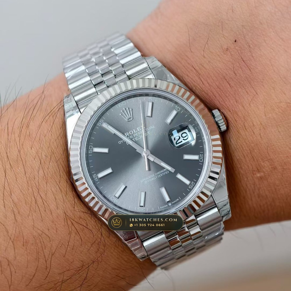 Rolex Datejust 41 Fluted 18K White Gold Bezel & Sunray Dial Ref. 126334 — Studio Gallery Plate VIII in 904L Stainless Steel Custom Architecture (150.2g Verified Mass, Rolex Manufacture Cal. 3235 - 70h Power Reserve)