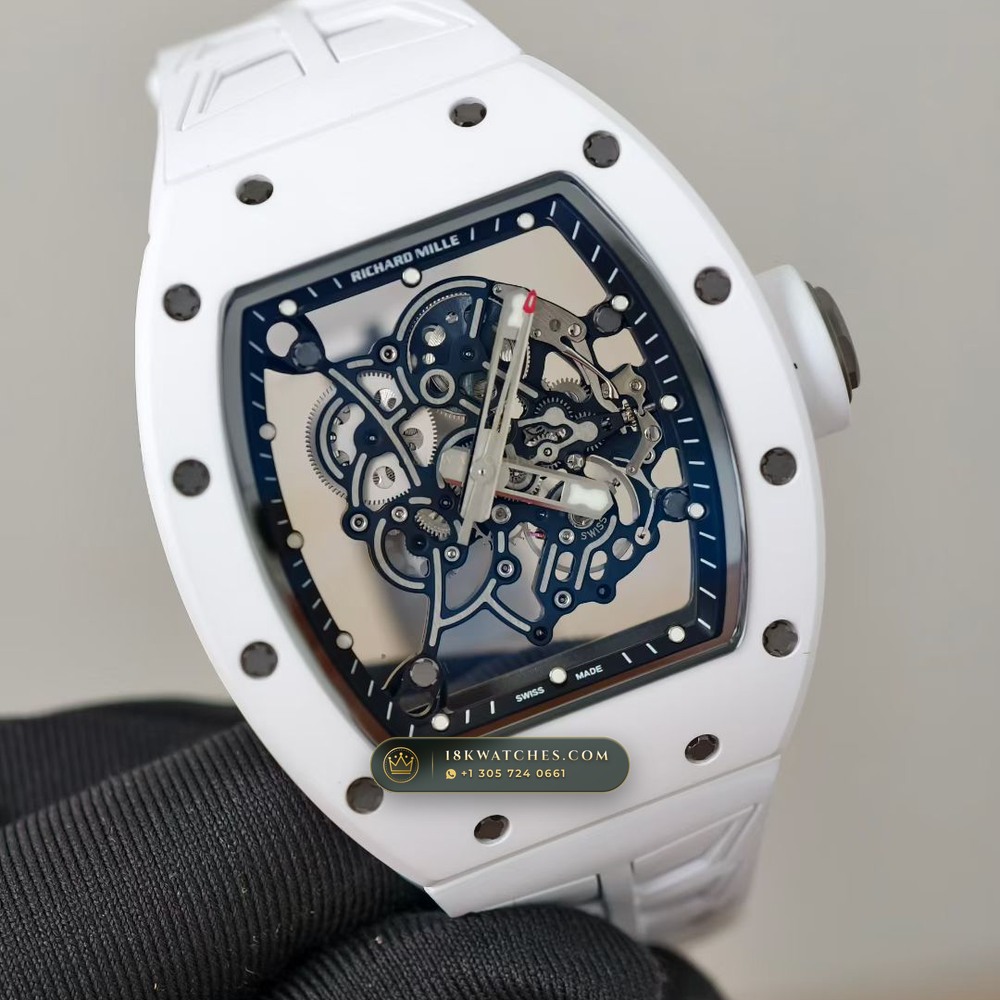 Richard Mille RM 055 Bubba Watson Manual Winding Monte-Carlo Showroom Spec — Studio Gallery Plate II in ATZ White Ceramic & Grade 5 Titanium (66.5g Verified Mass, Richard Mille Cal. RMUL2 Grade 5 Titanium Skeleton)