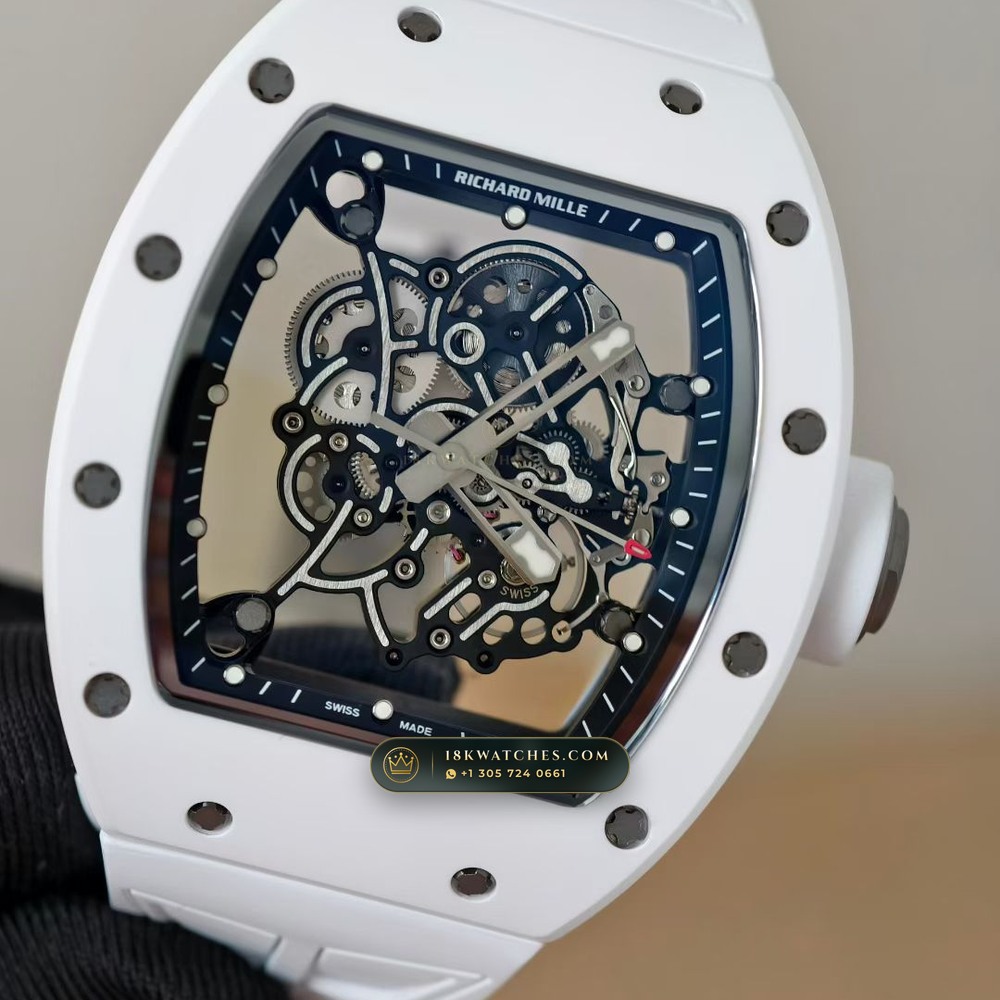 Richard Mille RM 055 Bubba Watson Manual Winding Monte-Carlo Showroom Spec — Studio Gallery Plate III in ATZ White Ceramic & Grade 5 Titanium (66.5g Verified Mass, Richard Mille Cal. RMUL2 Grade 5 Titanium Skeleton)