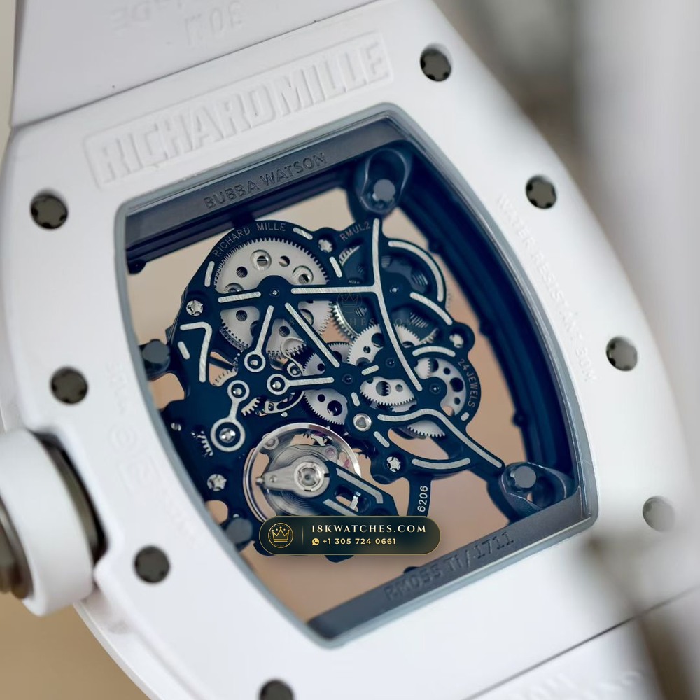 Richard Mille RM 055 Bubba Watson Manual Winding Monte-Carlo Showroom Spec — Studio Gallery Plate VI in ATZ White Ceramic & Grade 5 Titanium (66.5g Verified Mass, Richard Mille Cal. RMUL2 Grade 5 Titanium Skeleton)