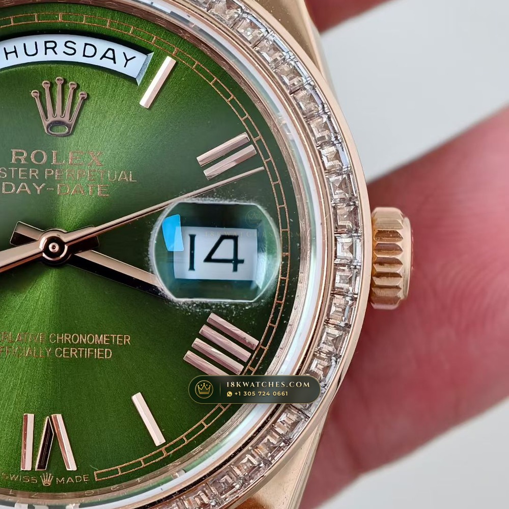 Rolex Day-Date 36 Baguette Diamond Bezel 18K Everose Gold Ref. 128345RBR — Studio Gallery Plate IV in 18K Rose Gold Au750 (183.4g Verified Mass, Rolex Manufacture Cal. 3255 - 70h Power Reserve)