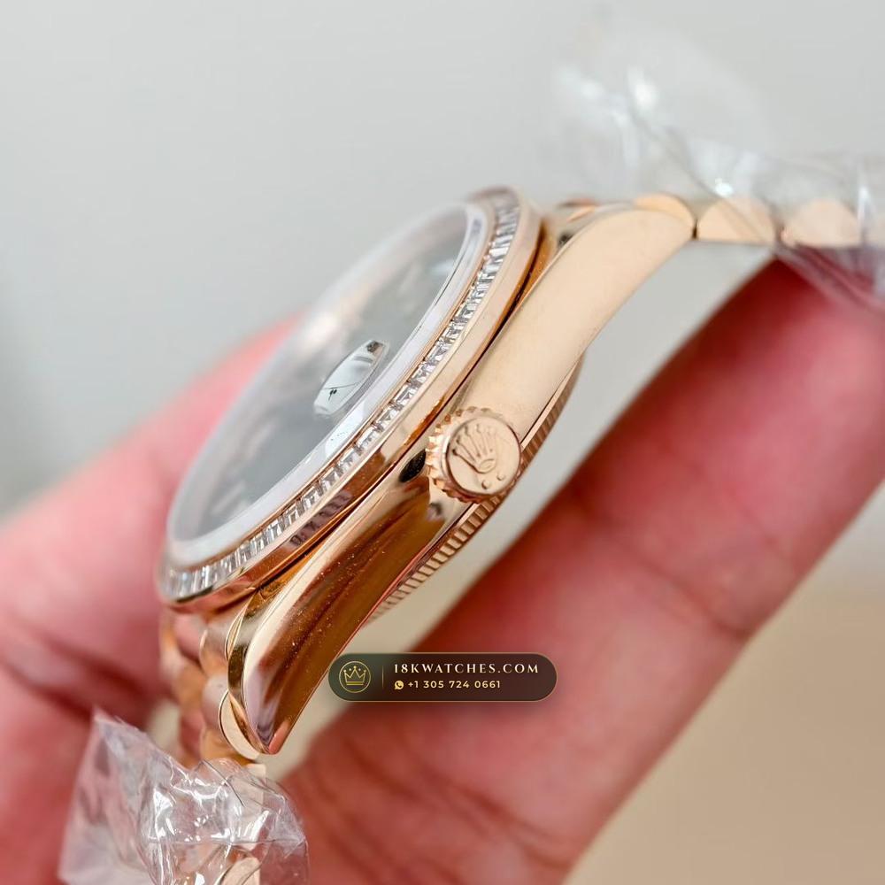 Rolex Day-Date 36 Baguette Diamond Bezel 18K Everose Gold Ref. 128345RBR — Studio Gallery Plate VI in 18K Rose Gold Au750 (183.4g Verified Mass, Rolex Manufacture Cal. 3255 - 70h Power Reserve)