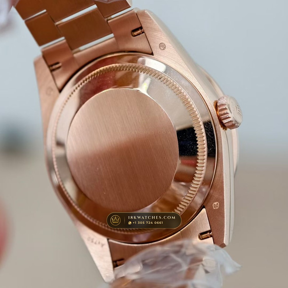 Rolex Day-Date 36 Baguette Diamond Bezel 18K Everose Gold Ref. 128345RBR — Studio Gallery Plate VIII in 18K Rose Gold Au750 (183.4g Verified Mass, Rolex Manufacture Cal. 3255 - 70h Power Reserve)
