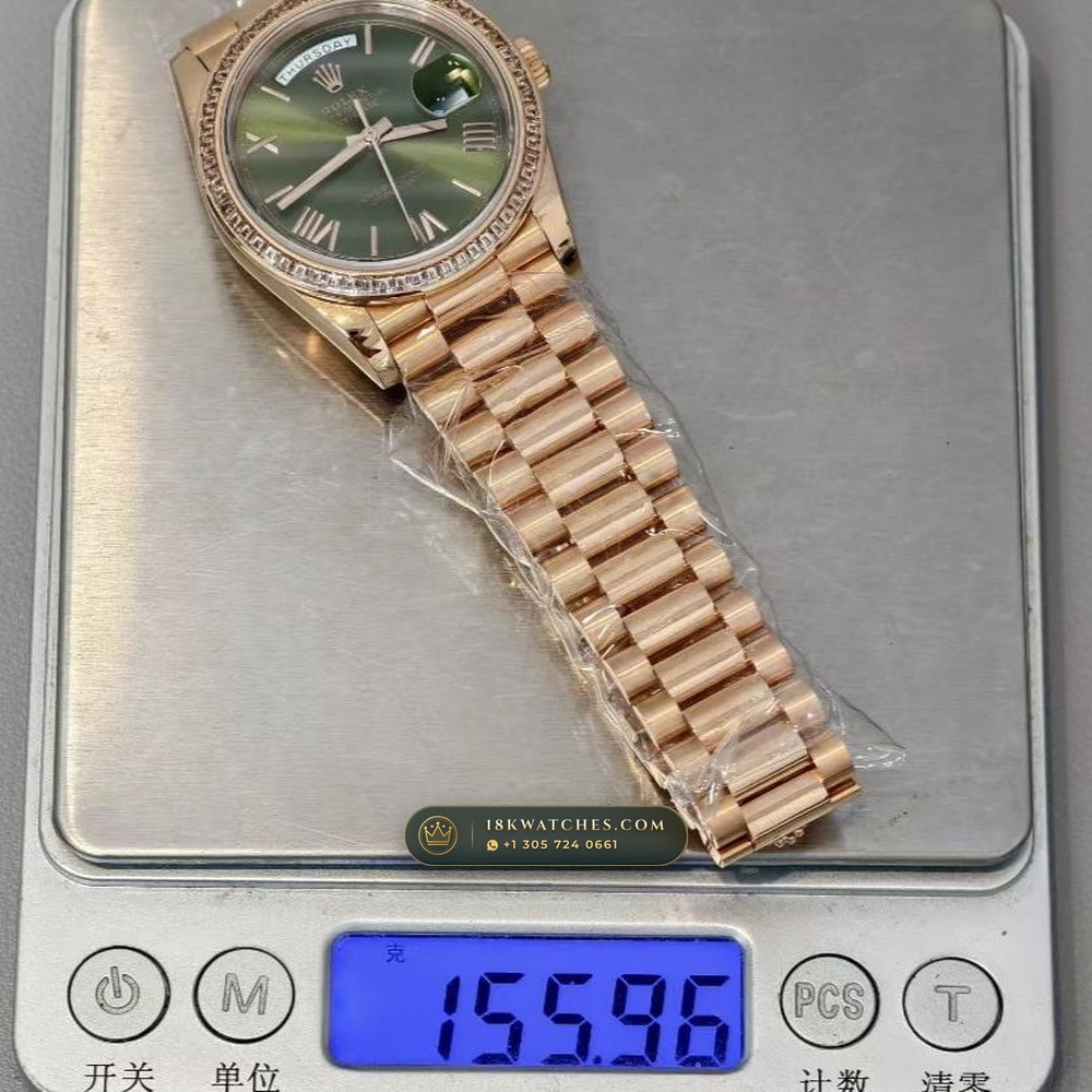 Rolex Day-Date 36 Baguette Diamond Bezel 18K Everose Gold Ref. 128345RBR — Studio Gallery Plate IX in 18K Rose Gold Au750 (183.4g Verified Mass, Rolex Manufacture Cal. 3255 - 70h Power Reserve)