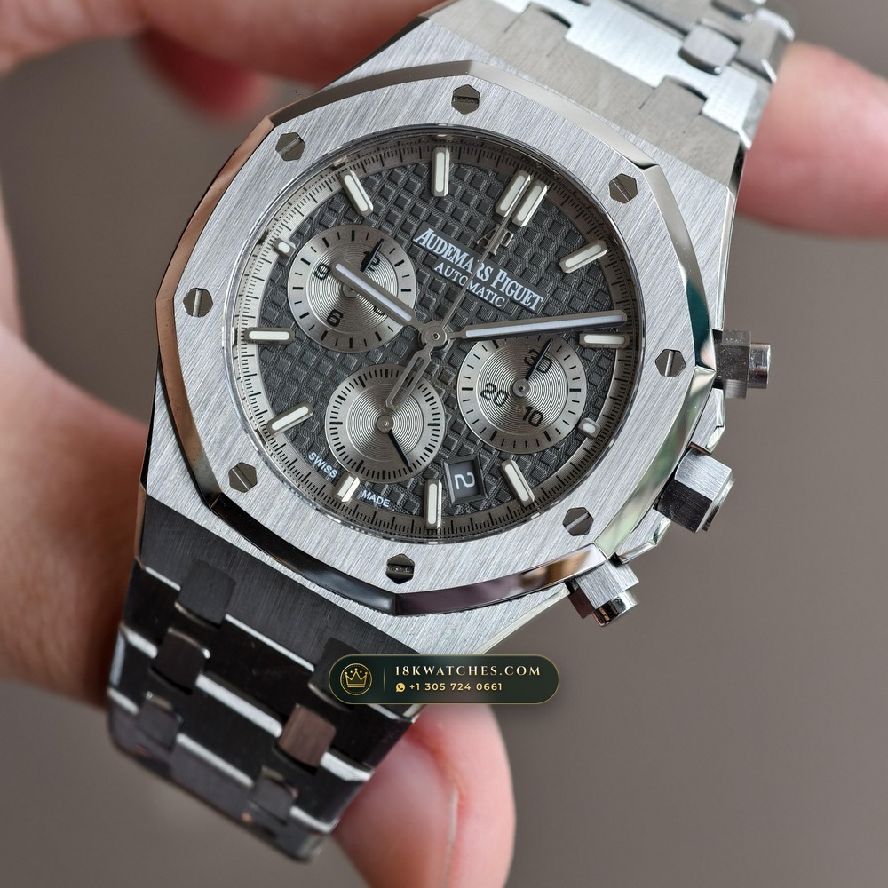 Audemars Piguet Royal Oak Selfwinding Chronograph 38mm Sunburst Rhodium / Slate Grey Dial Ref. 26315ST.OO.1256ST.02 — Studio Gallery Plate II in 904L Stainless Steel Custom Architecture (146.1g Verified Mass, Audemars Piguet Cal. 2385 Column-Wheel Chronograph)