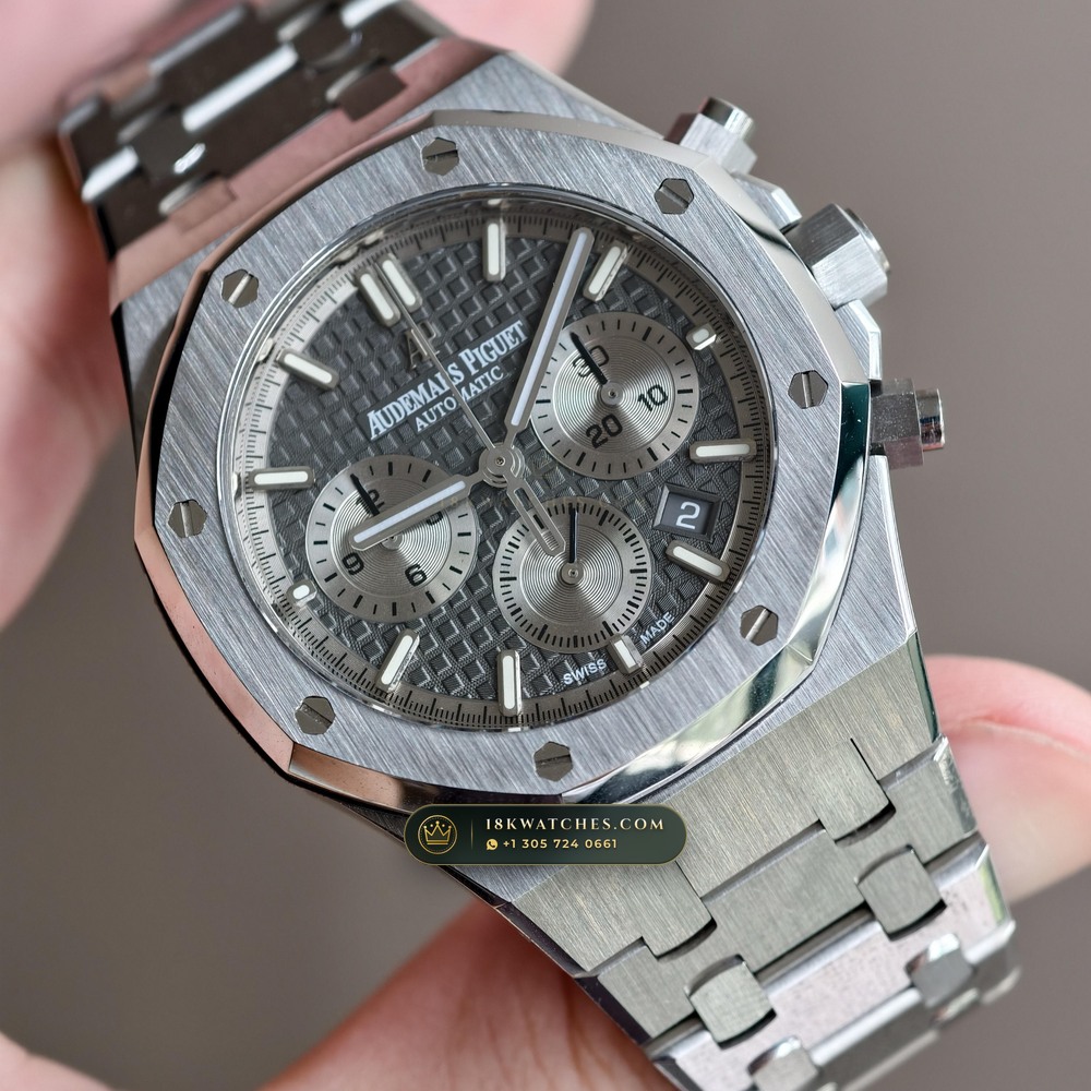 Audemars Piguet Royal Oak Selfwinding Chronograph 38mm Sunburst Rhodium / Slate Grey Dial Ref. 26315ST.OO.1256ST.02 — Studio Gallery Plate III in 904L Stainless Steel Custom Architecture (146.1g Verified Mass, Audemars Piguet Cal. 2385 Column-Wheel Chronograph)