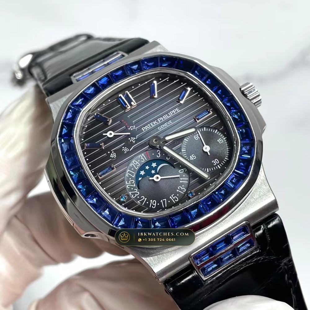 Patek Philippe Nautilus Moonphase & Power Reserve Graduated Royal Blue Sunburst Dial Ref. 5712A — Studio Gallery Plate II in 904L Stainless Steel Custom Architecture (116.4g Verified Mass, Patek Philippe Cal. 240 PS IRM C LU - 22K Gold Micro-Rotor)