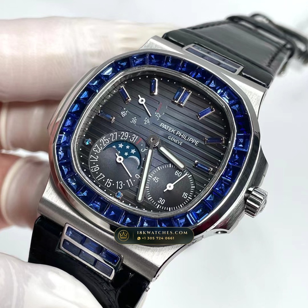 Patek Philippe Nautilus Moonphase & Power Reserve Graduated Royal Blue Sunburst Dial Ref. 5712A — Studio Gallery Plate III in 904L Stainless Steel Custom Architecture (116.4g Verified Mass, Patek Philippe Cal. 240 PS IRM C LU - 22K Gold Micro-Rotor)