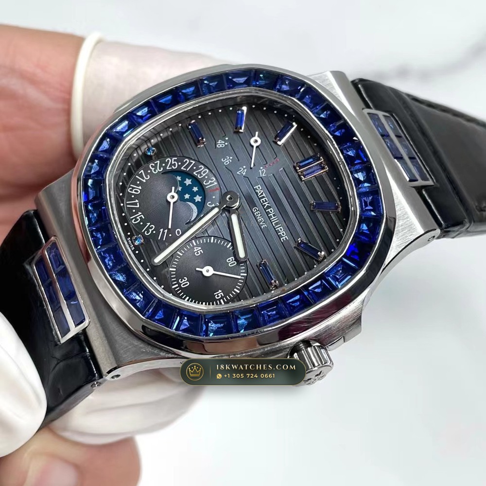 Patek Philippe Nautilus Moonphase & Power Reserve Graduated Royal Blue Sunburst Dial Ref. 5712A — Studio Gallery Plate IV in 904L Stainless Steel Custom Architecture (116.4g Verified Mass, Patek Philippe Cal. 240 PS IRM C LU - 22K Gold Micro-Rotor)