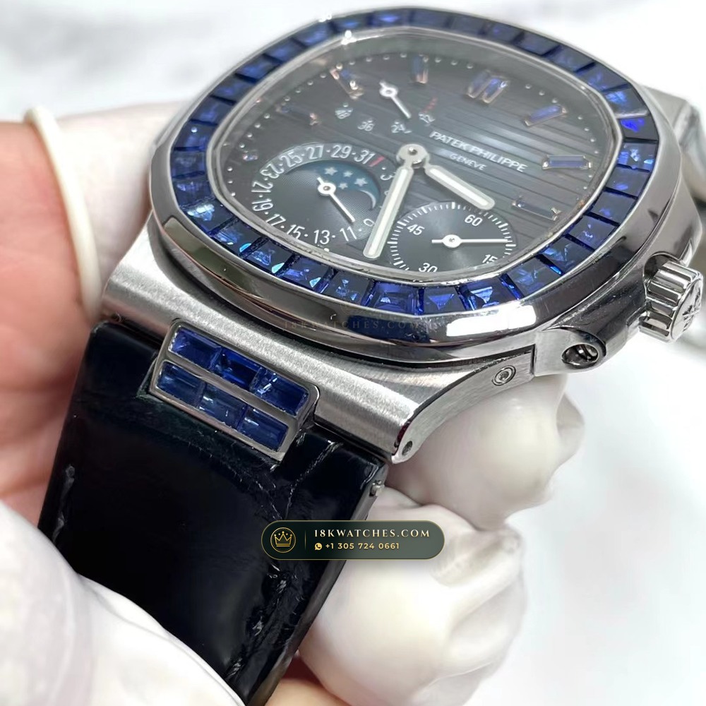 Patek Philippe Nautilus Moonphase & Power Reserve Graduated Royal Blue Sunburst Dial Ref. 5712A — Studio Gallery Plate V in 904L Stainless Steel Custom Architecture (116.4g Verified Mass, Patek Philippe Cal. 240 PS IRM C LU - 22K Gold Micro-Rotor)