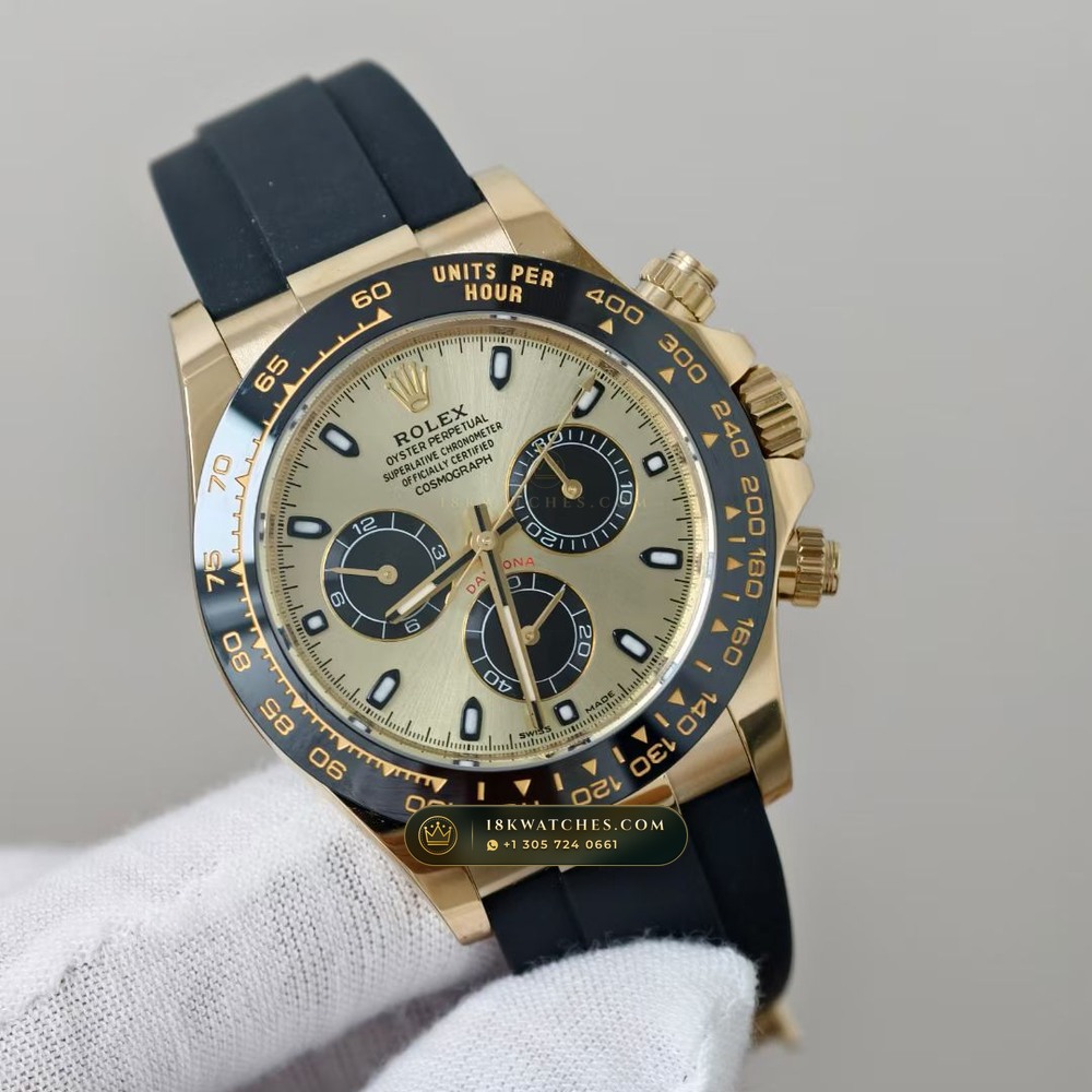 Rolex Cosmograph Daytona 18K Yellow Gold Deep Crystal Optics 5-Axis CNC Case Ref. 116518LN — Studio Gallery Plate II in 18K Yellow Gold Au750 (160.2g Verified Mass, Rolex Manufacture Cal. 4130 - 72h Power Reserve)