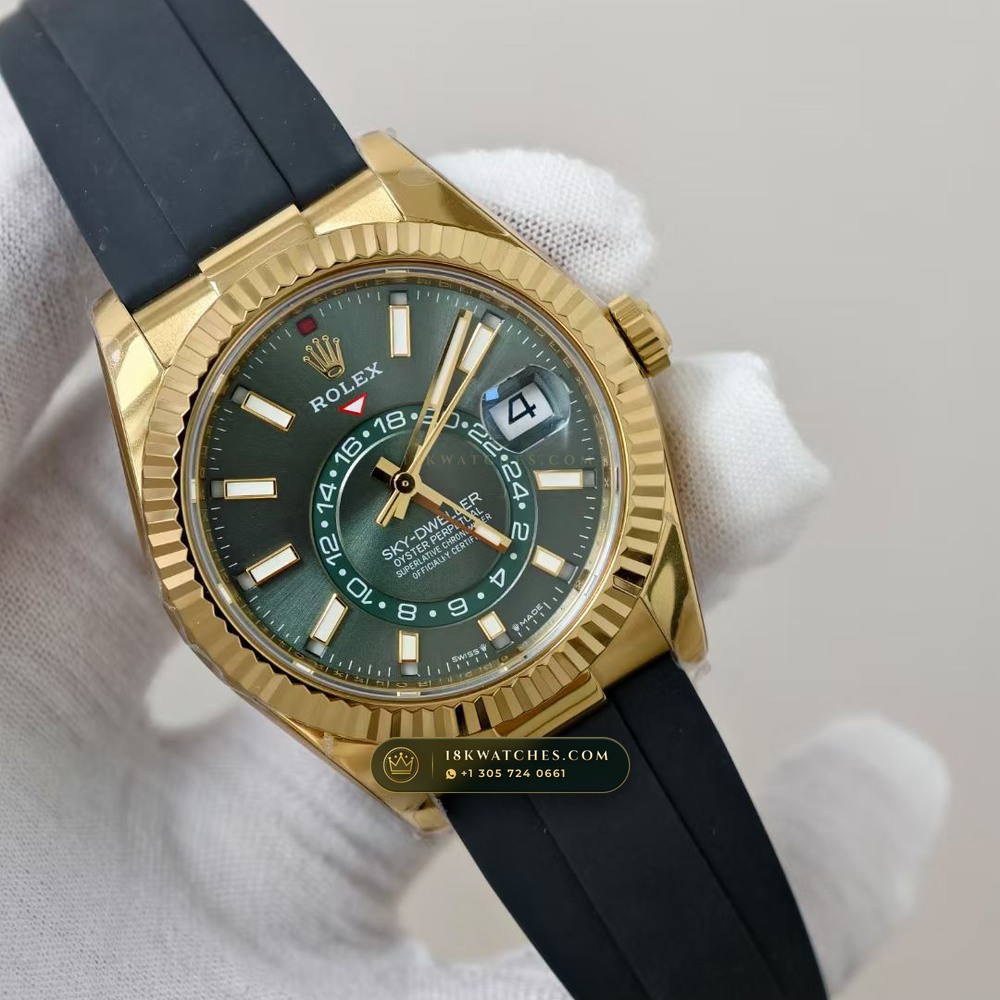 Rolex Sky-Dweller Sunray Green Dial 18K Yellow Gold Ref. 336938 — Studio Gallery Plate II in 18K Yellow Gold Au750 (252.0g Verified Mass, Rolex Manufacture Cal. 9002 Annual Calendar)
