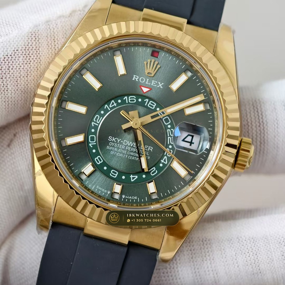 Rolex Sky-Dweller Sunray Green Dial 18K Yellow Gold Ref. 336938 — Studio Gallery Plate III in 18K Yellow Gold Au750 (252.0g Verified Mass, Rolex Manufacture Cal. 9002 Annual Calendar)