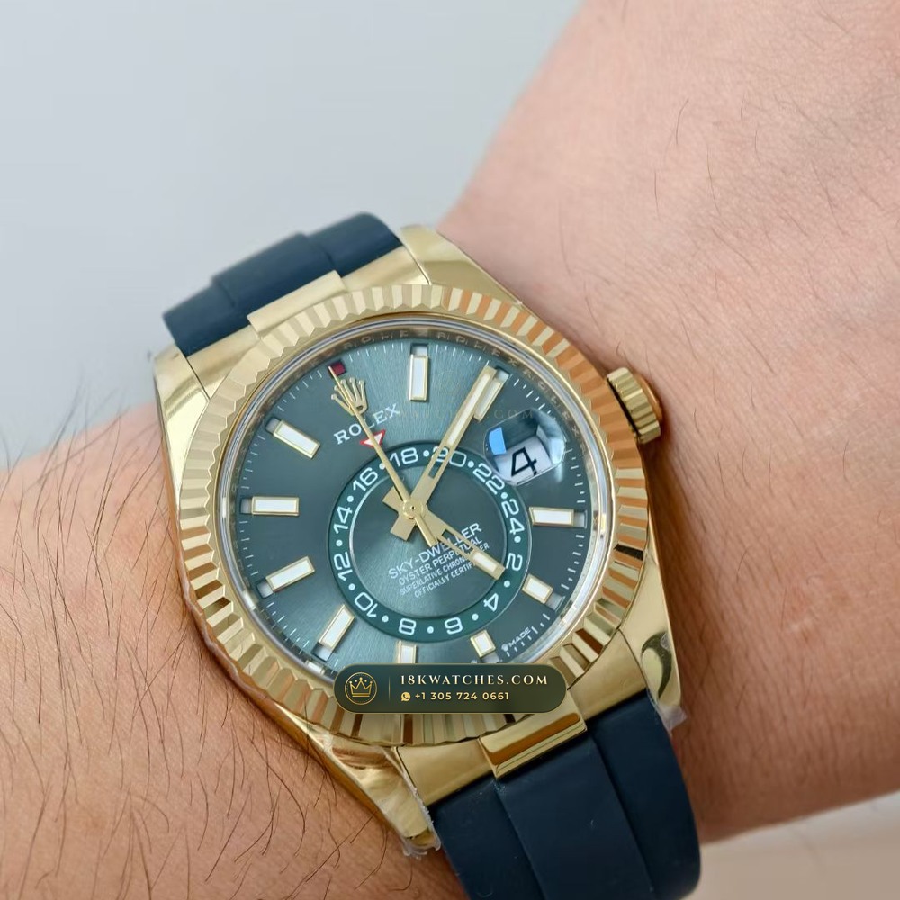 Rolex Sky-Dweller Sunray Green Dial 18K Yellow Gold Ref. 336938 — Studio Gallery Plate VIII in 18K Yellow Gold Au750 (252.0g Verified Mass, Rolex Manufacture Cal. 9002 Annual Calendar)