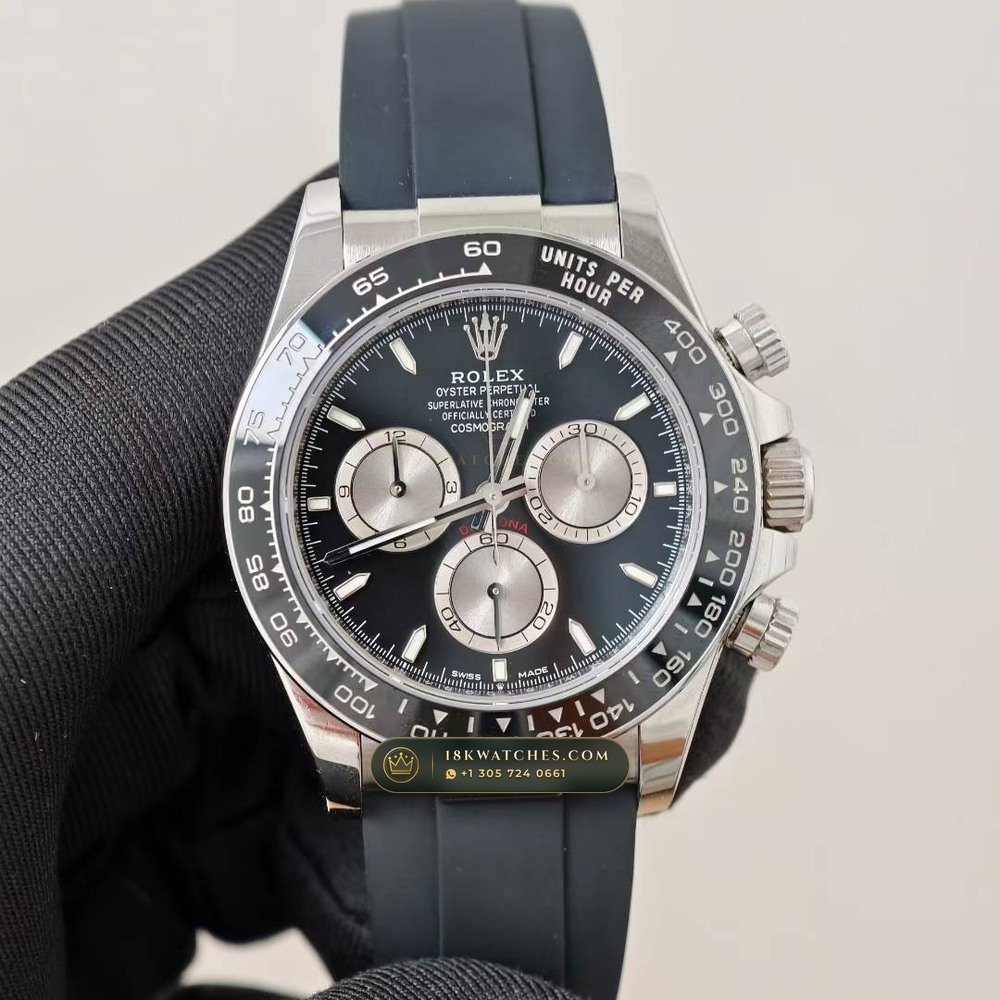 Rolex Cosmograph Daytona Ghost Sunray Grey & Black Subdials on Oysterflex 18K White Gold Ref. 126519LN (Ref. 126519LN) — Verified Mass 160.5g — Optical Macro Plate 4 (How We Match Your Exact E-F-G Oysterflex Blade Codes Before Dispatch)
