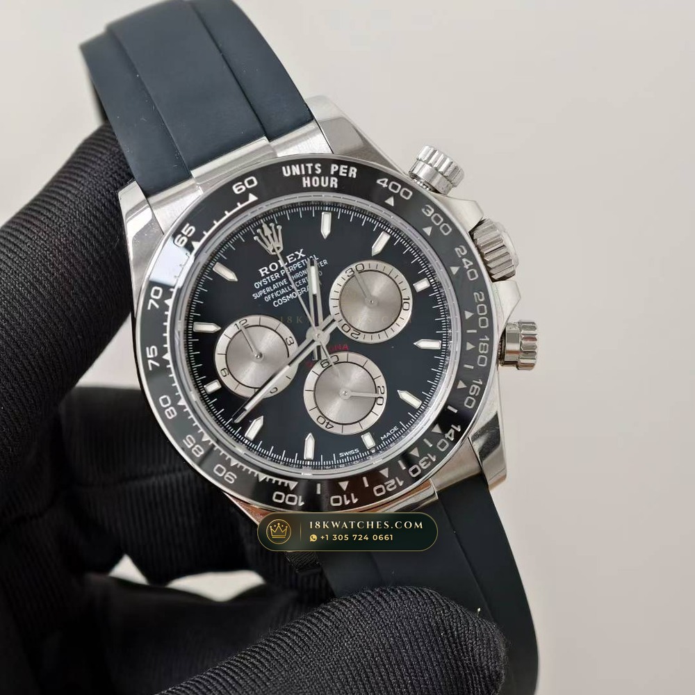 Rolex Cosmograph Daytona Ghost Sunray Grey & Black Subdials on Oysterflex 18K White Gold Ref. 126519LN — Studio Gallery Plate II in 18K White Gold Au750 (160.5g Verified Mass, Rolex Manufacture Cal. 4131 - 72h Power Reserve)
