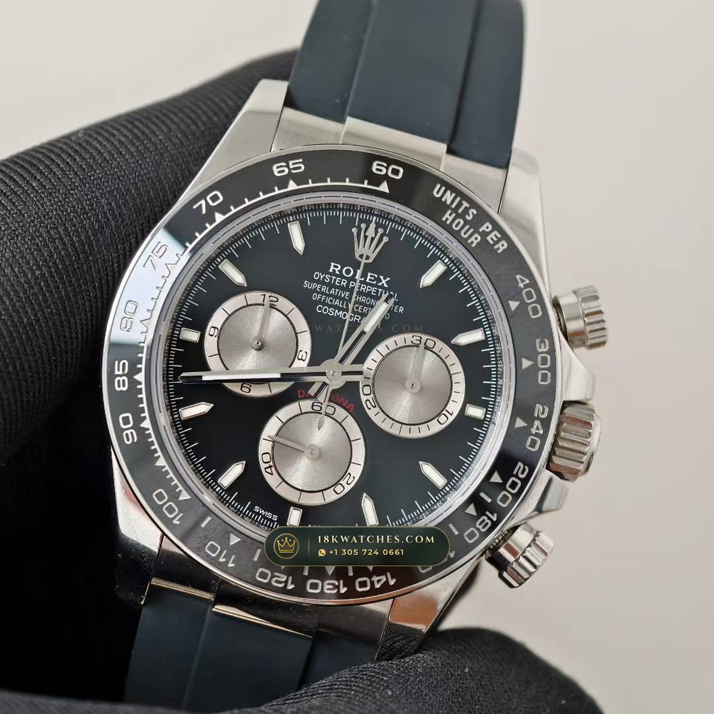 Rolex Cosmograph Daytona Ghost Sunray Grey & Black Subdials on Oysterflex 18K White Gold Ref. 126519LN — Studio Gallery Plate III in 18K White Gold Au750 (160.5g Verified Mass, Rolex Manufacture Cal. 4131 - 72h Power Reserve)