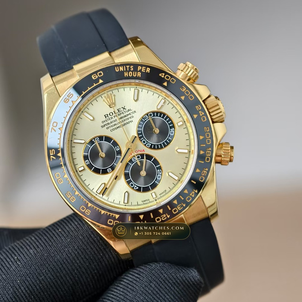 Rolex Cosmograph Daytona 18K Yellow Gold Deep Crystal Optics Ref. 126518 — Studio Gallery Plate II in 18K Yellow Gold Au750 (160.8g Verified Mass, Rolex Manufacture Cal. 4131 - 72h Power Reserve)