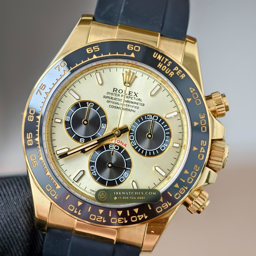 Rolex Cosmograph Daytona 18K Yellow Gold Deep Crystal Optics Ref. 126518 — Studio Gallery Plate III in 18K Yellow Gold Au750 (160.8g Verified Mass, Rolex Manufacture Cal. 4131 - 72h Power Reserve)