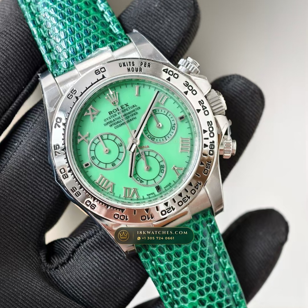 Rolex Cosmograph Daytona Beach Pastel Lizard Strap Collector Edition 18K White Gold Ref. 116519 — Studio Gallery Plate II in 18K White Gold Au750 (138.6g Verified Mass, Rolex Manufacture Cal. 4130 - 72h Power Reserve)