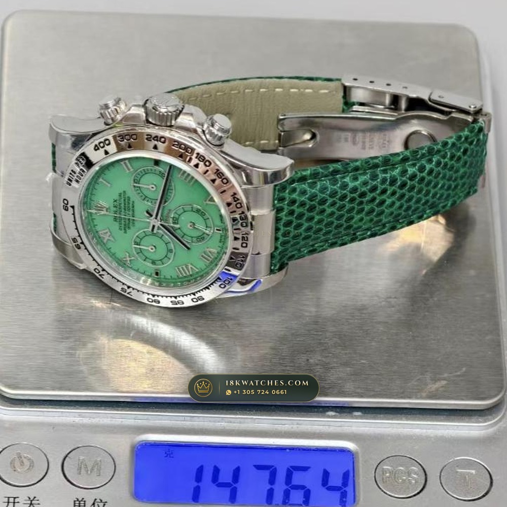 Rolex Cosmograph Daytona Beach Pastel Lizard Strap Collector Edition 18K White Gold Ref. 116519 — Studio Gallery Plate IX in 18K White Gold Au750 (138.6g Verified Mass, Rolex Manufacture Cal. 4130 - 72h Power Reserve)