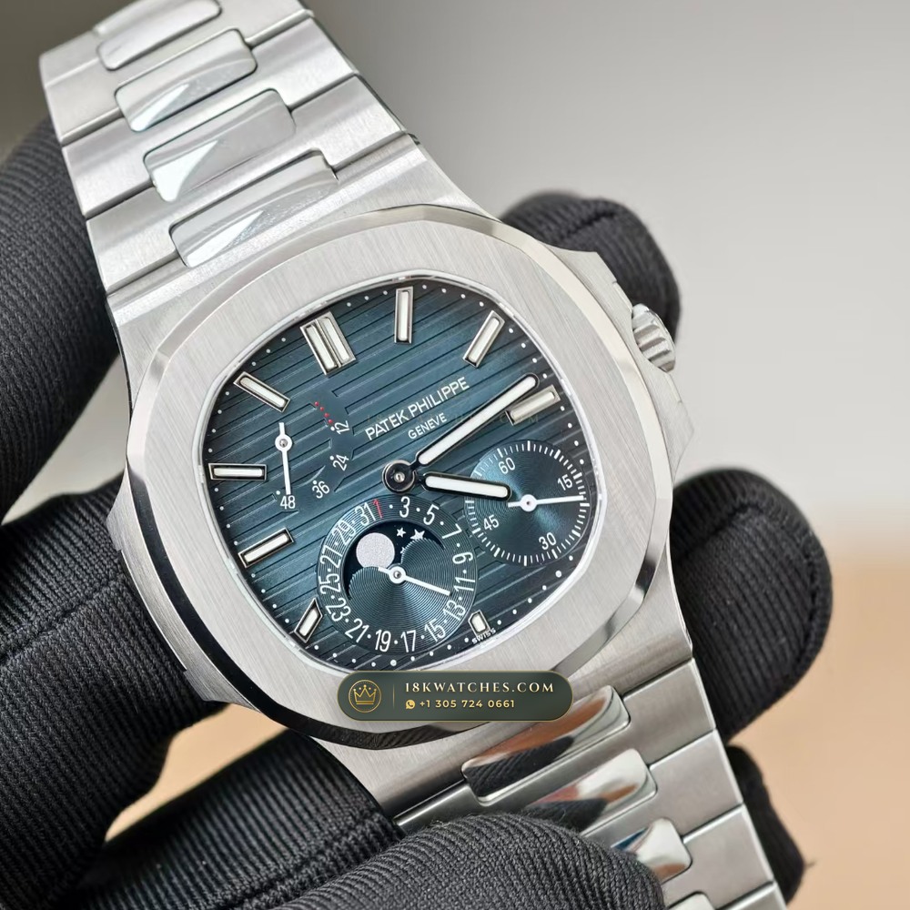 Patek Philippe Nautilus Moonphase & Power Reserve Sapphire Caseback Spec Ref. 5712/1A — Studio Gallery Plate II in 904L Stainless Steel Custom Architecture (116.6g Verified Mass, Patek Philippe Cal. 240 PS IRM C LU - 22K Gold Micro-Rotor)