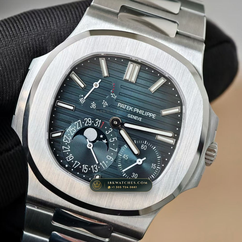 Patek Philippe Nautilus Moonphase & Power Reserve Sapphire Caseback Spec Ref. 5712/1A — Studio Gallery Plate III in 904L Stainless Steel Custom Architecture (116.6g Verified Mass, Patek Philippe Cal. 240 PS IRM C LU - 22K Gold Micro-Rotor)