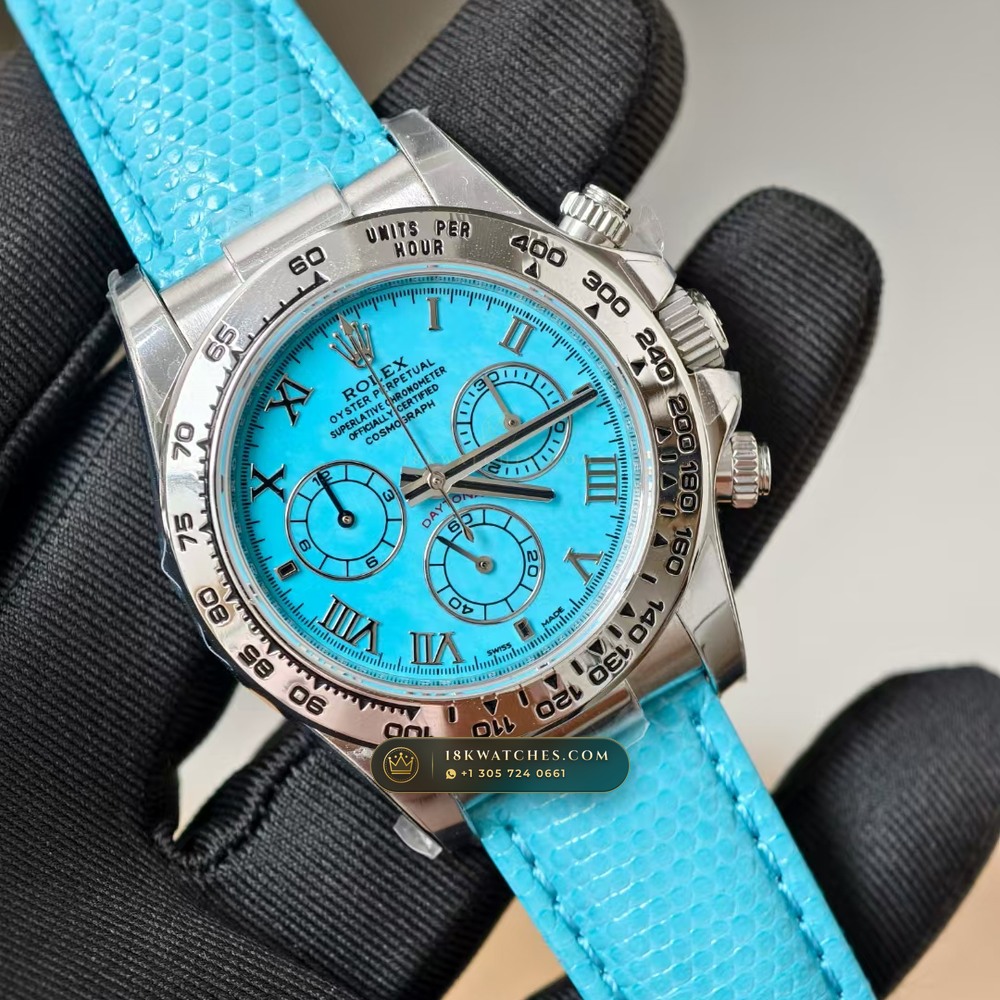 Rolex Cosmograph Daytona Beach Tiffany Turquoise Leather Strap 18K White Gold Ref. 116519 — Studio Gallery Plate II in 18K White Gold Au750 (138.8g Verified Mass, Rolex Manufacture Cal. 4130 - 72h Power Reserve)