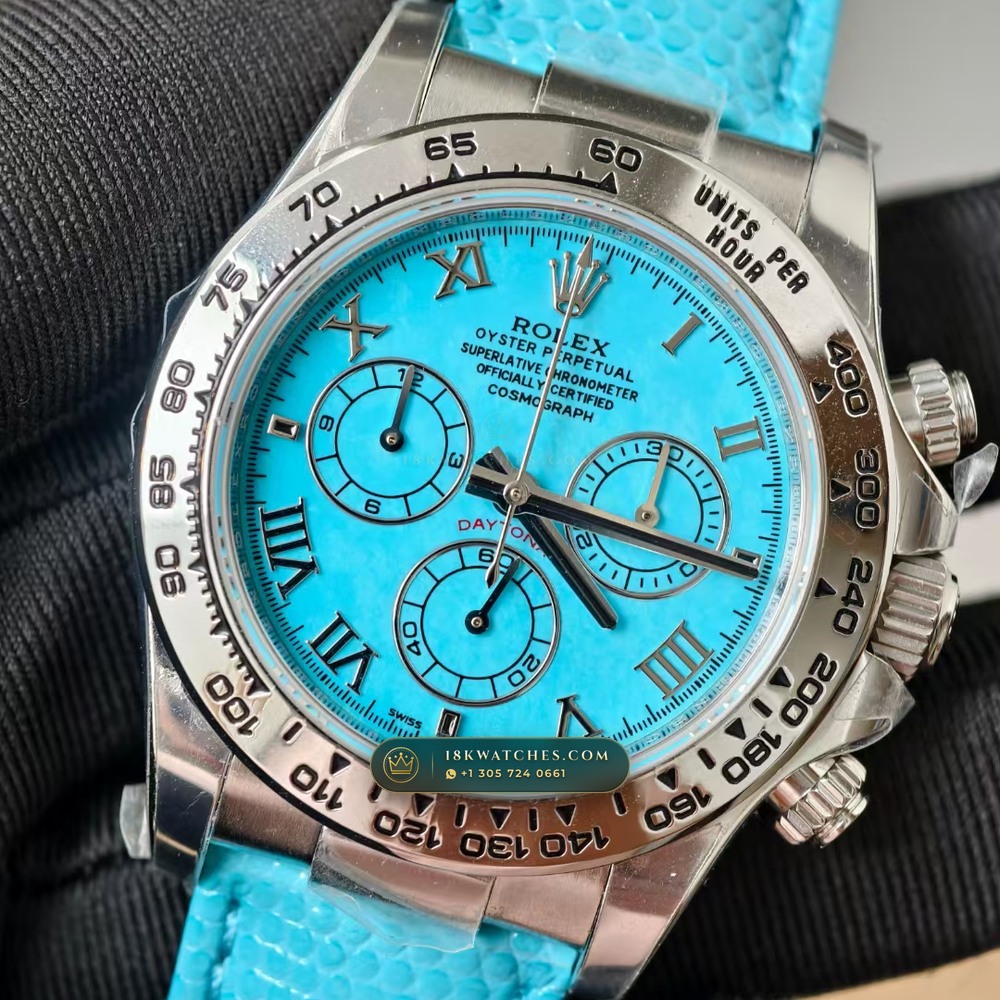 Rolex Cosmograph Daytona Beach Tiffany Turquoise Leather Strap 18K White Gold Ref. 116519 — Studio Gallery Plate III in 18K White Gold Au750 (138.8g Verified Mass, Rolex Manufacture Cal. 4130 - 72h Power Reserve)
