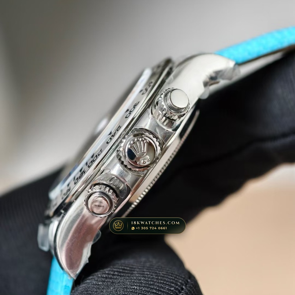Rolex Cosmograph Daytona Beach Tiffany Turquoise Leather Strap 18K White Gold Ref. 116519 — Studio Gallery Plate IV in 18K White Gold Au750 (138.8g Verified Mass, Rolex Manufacture Cal. 4130 - 72h Power Reserve)