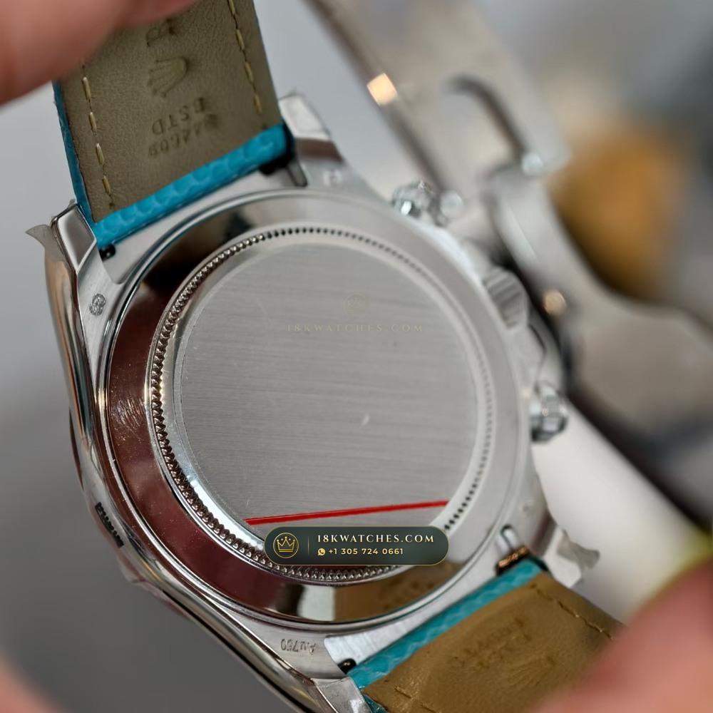 Rolex Cosmograph Daytona Beach Tiffany Turquoise Leather Strap 18K White Gold Ref. 116519 — Studio Gallery Plate V in 18K White Gold Au750 (138.8g Verified Mass, Rolex Manufacture Cal. 4130 - 72h Power Reserve)