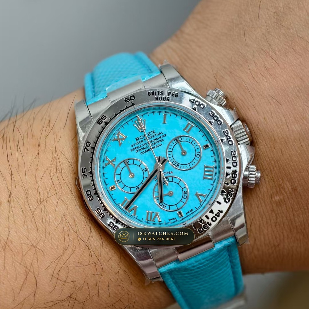 Rolex Cosmograph Daytona Beach Tiffany Turquoise Leather Strap 18K White Gold Ref. 116519 — Studio Gallery Plate VIII in 18K White Gold Au750 (138.8g Verified Mass, Rolex Manufacture Cal. 4130 - 72h Power Reserve)