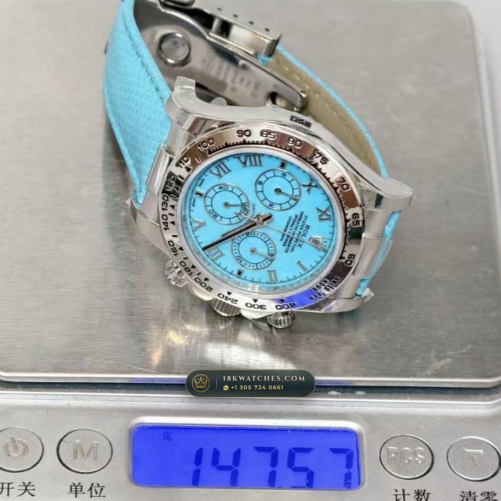 Rolex Cosmograph Daytona Beach Tiffany Turquoise Leather Strap 18K White Gold Ref. 116519 — Studio Gallery Plate IX in 18K White Gold Au750 (138.8g Verified Mass, Rolex Manufacture Cal. 4130 - 72h Power Reserve)
