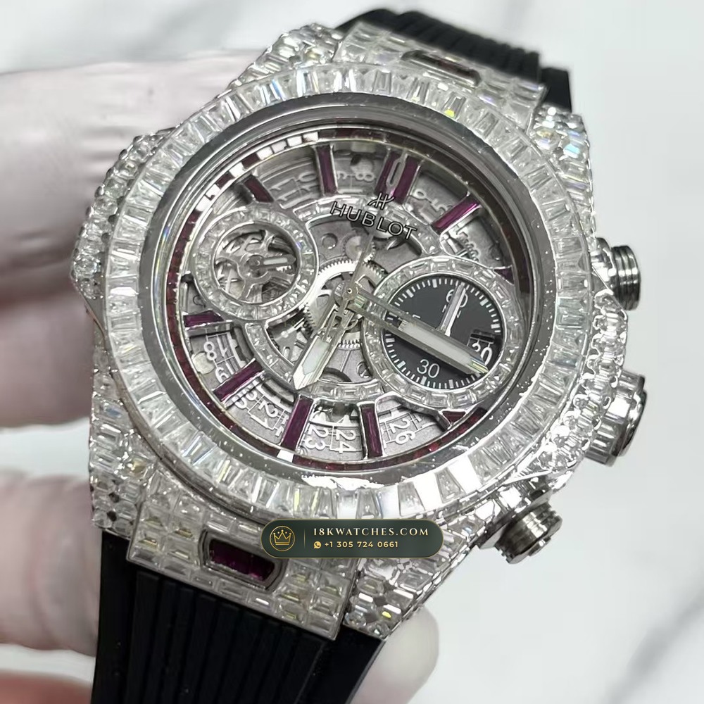 Hublot Big Bang Unico 42mm Full VVS Diamond & Ruby Rehaut Edition Ref. 441.NX.1170.RX — Studio Gallery Plate II in Grade 5 Titanium Monobloc (120.3g Verified Mass, Hublot Unico Flyback Chronograph Cal. HUB1280)