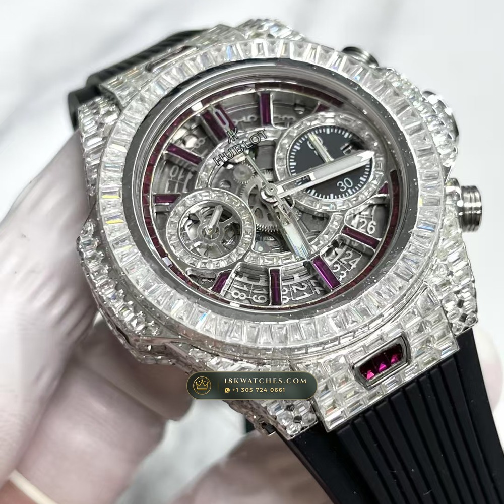 Hublot Big Bang Unico 42mm Full VVS Diamond & Ruby Rehaut Edition Ref. 441.NX.1170.RX — Studio Gallery Plate III in Grade 5 Titanium Monobloc (120.3g Verified Mass, Hublot Unico Flyback Chronograph Cal. HUB1280)