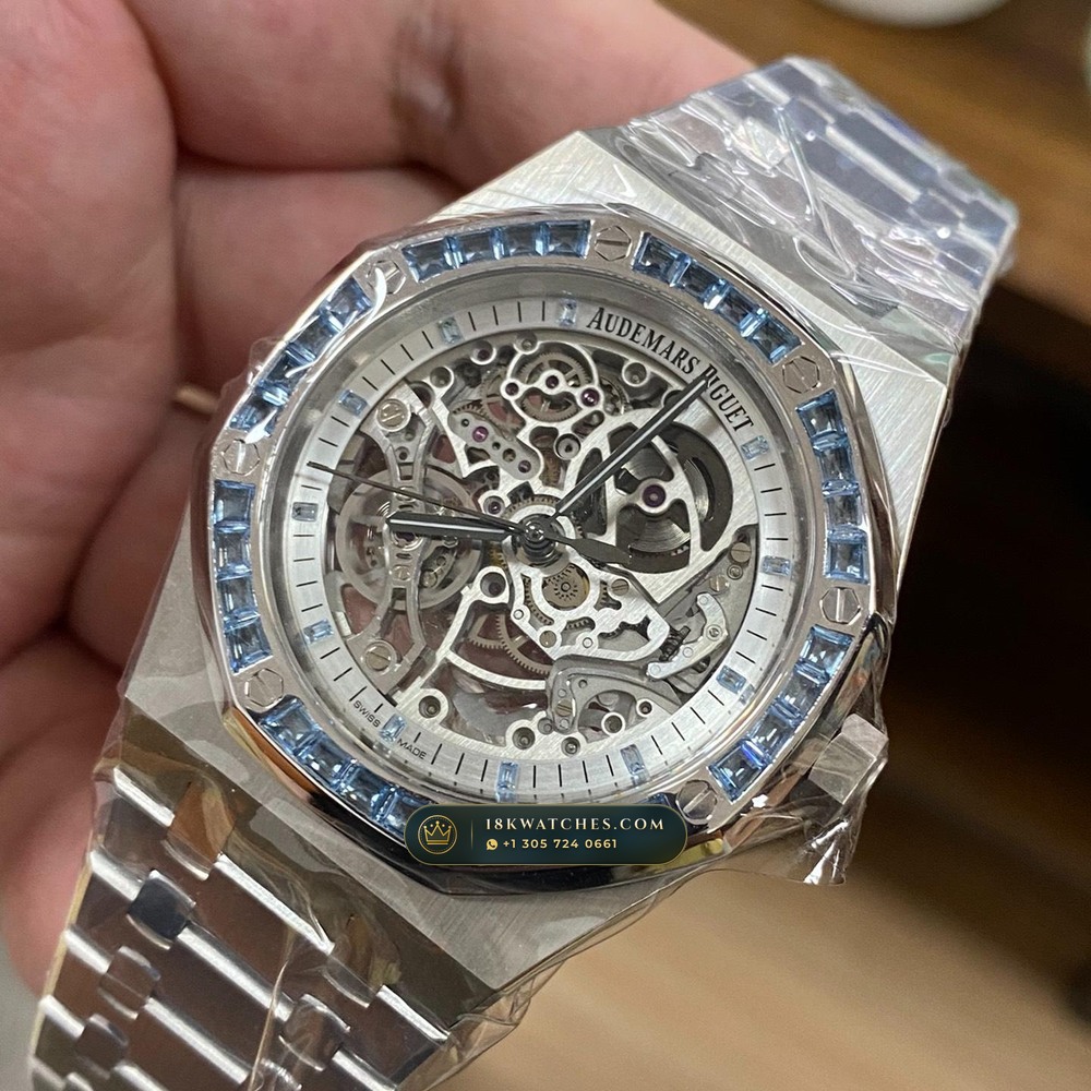 Audemars Piguet Royal Oak Double Balance Wheel Openworked 41mm Baguette Blue Topaz Bezel 18K White Gold Geneva Atelier Spec Ref. 15412BC.TO.1220BC.01