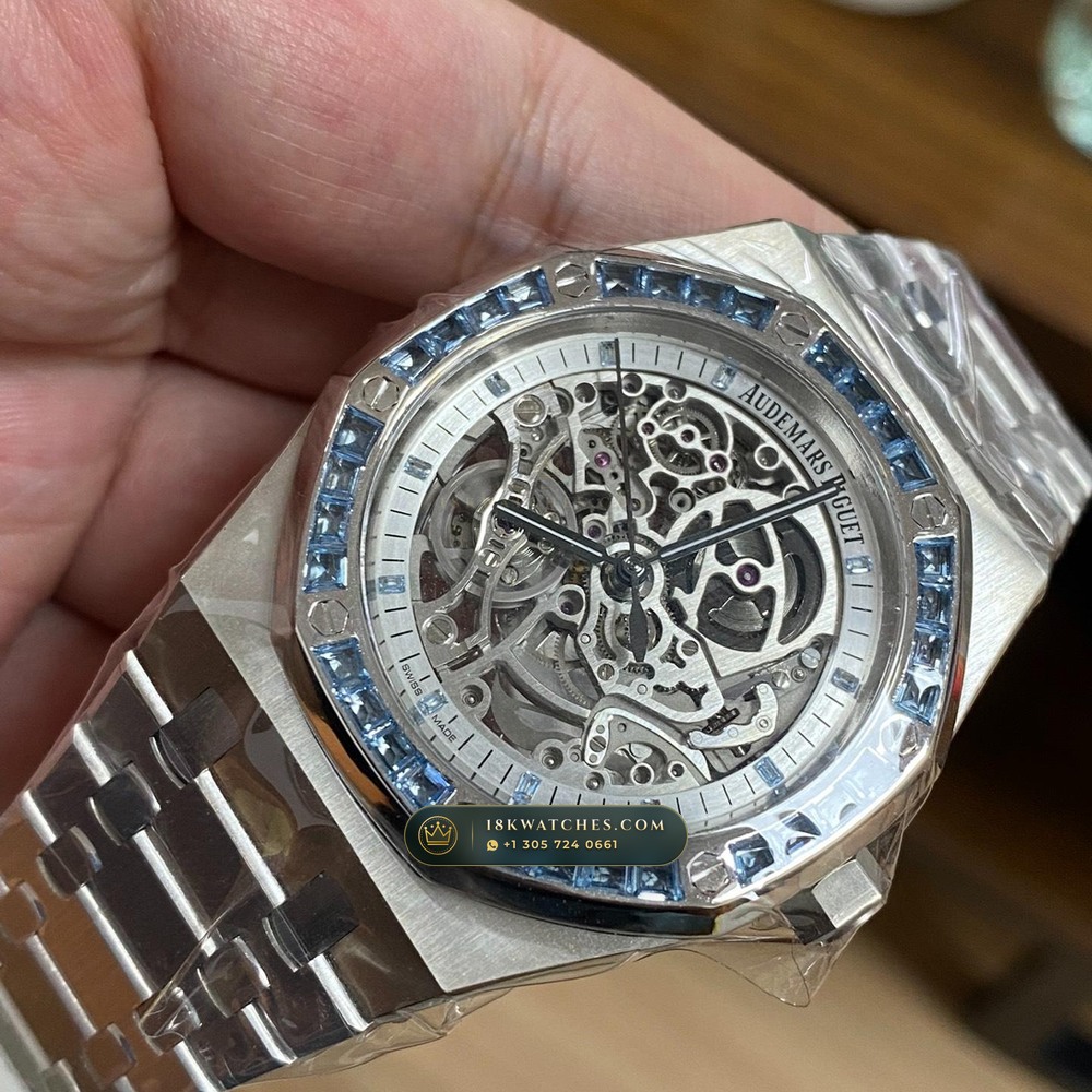 Audemars Piguet Royal Oak Double Balance Wheel Openworked 41mm Baguette Blue Topaz Bezel 18K White Gold Geneva Atelier Spec Ref. 15412BC.TO.1220BC.01 — Studio Gallery Plate II in 18K White Gold Au750 (224.1g Verified Mass, Audemars Piguet Cal. 3132 Dual-Balance Openworked)
