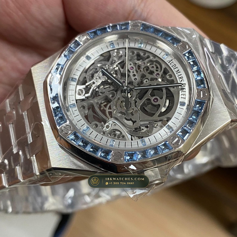 Audemars Piguet Royal Oak Double Balance Wheel Openworked 41mm Baguette Blue Topaz Bezel 18K White Gold Geneva Atelier Spec Ref. 15412BC.TO.1220BC.01 — Studio Gallery Plate III in 18K White Gold Au750 (224.1g Verified Mass, Audemars Piguet Cal. 3132 Dual-Balance Openworked)
